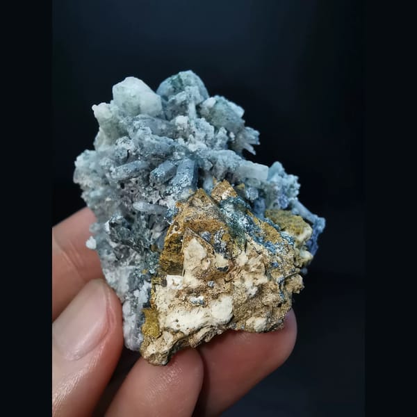 Golden helvine cluster with interference quartz — complete view