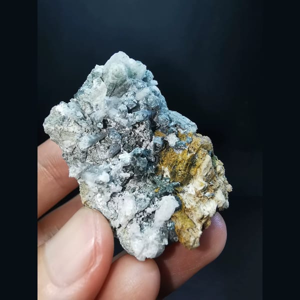 Golden helvine cluster with interference quartz — alternate view
