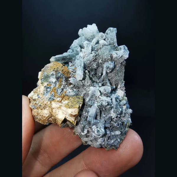 Golden helvine cluster with interference quartz — alternate view