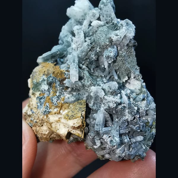 Golden helvine cluster with interference quartz — detail view