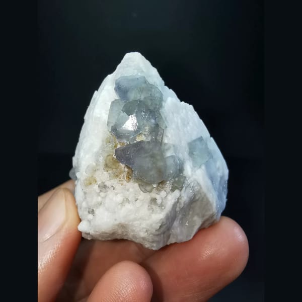 Blue fluorite cluster on white candle quartz — complete view
