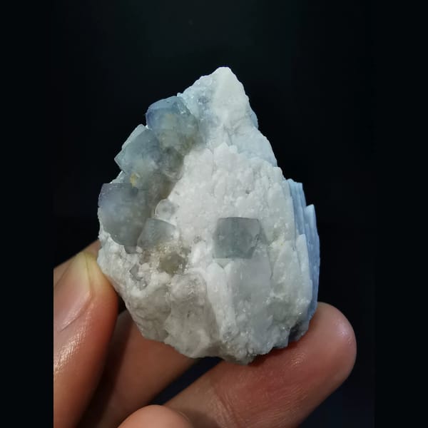 Blue fluorite cluster on white candle quartz — alternate view