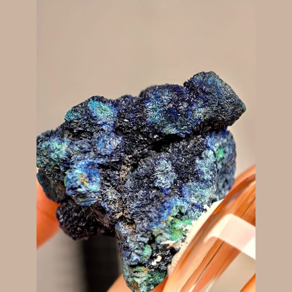 Anhui azurite covered in ball-shaped petal crystals — complete view