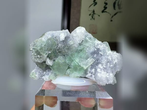 Apple Green Fluorite with Calcite, Pyrite and Quartz, 7.5 cm Fluorescent Specimen — complete view