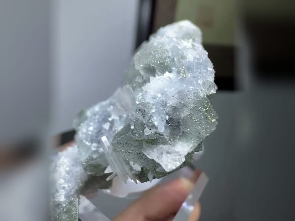 Apple Green Fluorite with Calcite, Pyrite and Quartz, 7.5 cm Fluorescent Specimen — alternate view