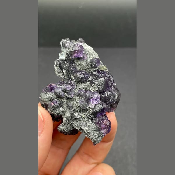Violet-blue tanzanite fluorite on dark matrix from Fujian — alternate view