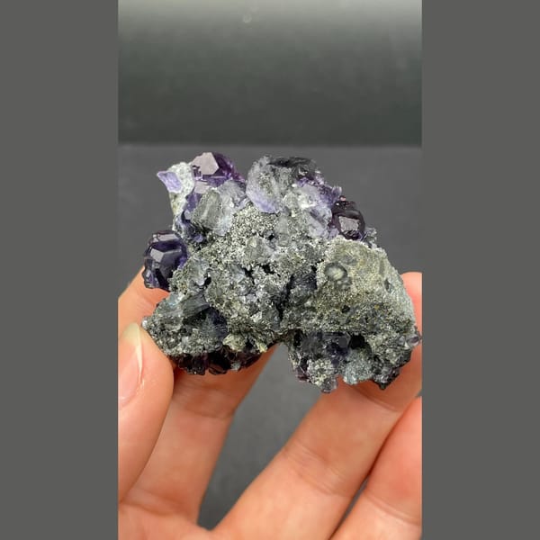 Violet-blue tanzanite fluorite on dark matrix from Fujian — alternate view