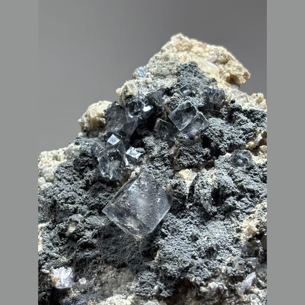 Fluorite cubes with purple cores and blue frames on matrix from Yaogangxian — complete view