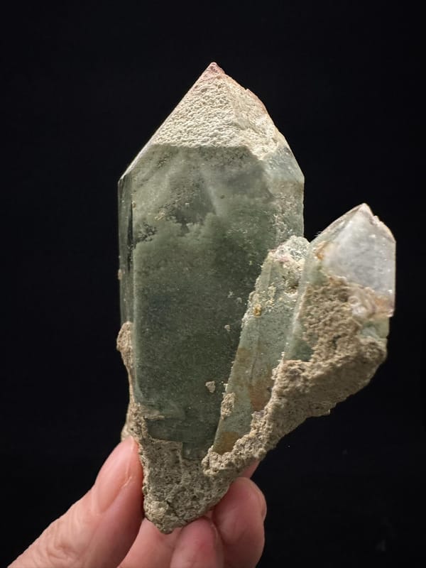 Green Phantom Quartz Cluster — Himalaya, Pakistan — reverse profile with smaller double-terminated crystal