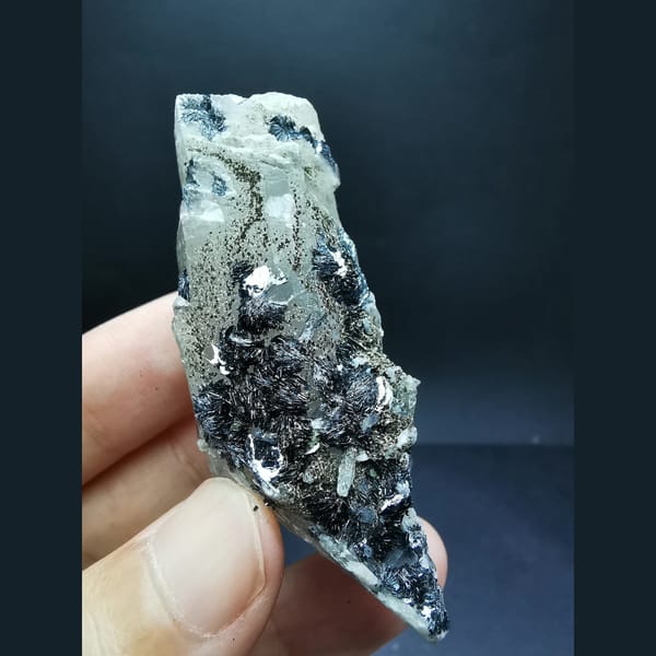 Floater interference quartz with specular hematite flowers — complete view
