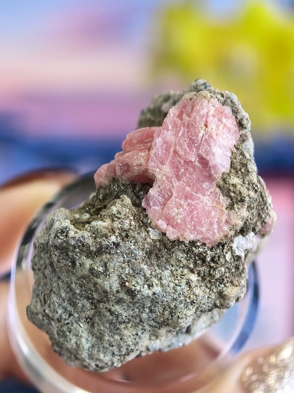 Pink Rhodochrosite with Sparkling Pyrite — Wuzhou — individual mineral specimen view 1