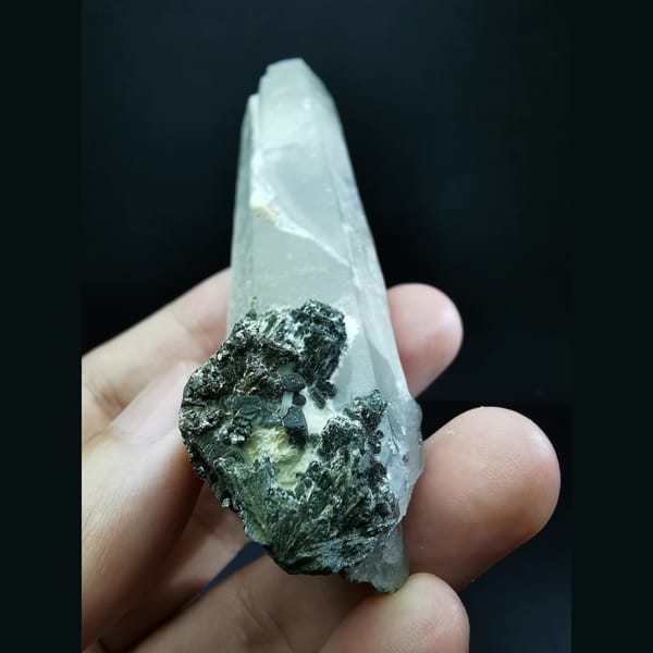 Long quartz crystal with hedenbergite at the base — complete view