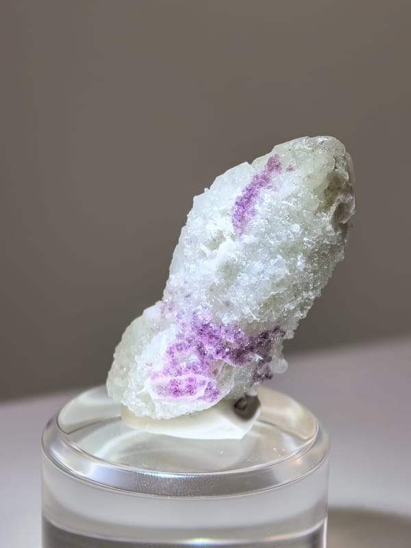 Purple Fluorite on Candle Quartz with Calcite — Inner Mongolia — individual mineral specimen view 1