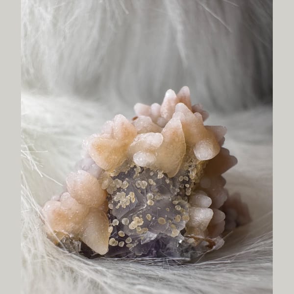 Hydromagnesite over Dogtooth Calcite Yunnan 3.2 cm — detail view