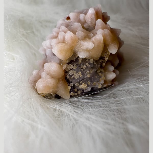 Hydromagnesite over Dogtooth Calcite Yunnan 3.2 cm — detail view