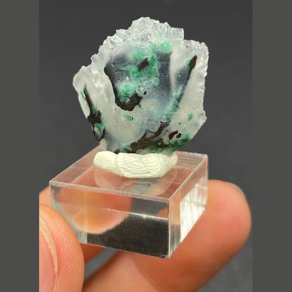 Icy quartz over malachite from the Congo — detail view