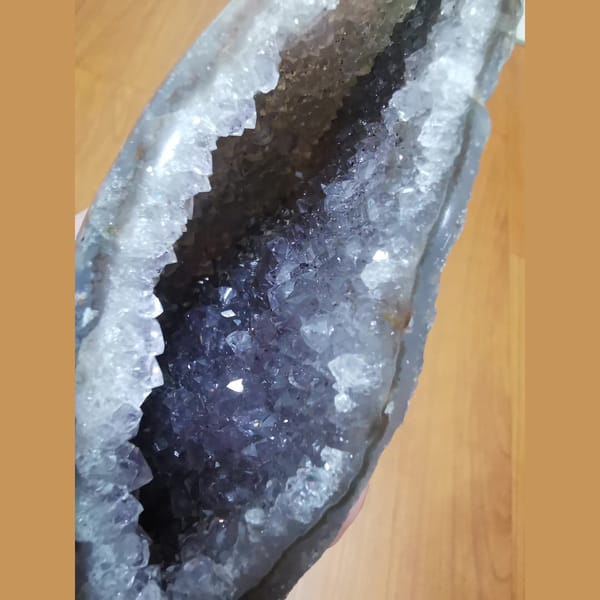 Wide-mouth amethyst geode with polished exterior — alternate view
