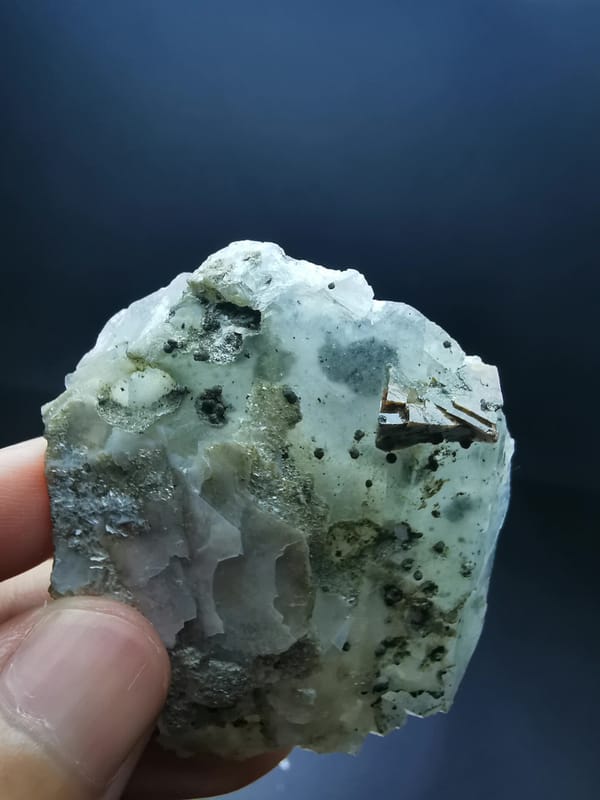 Complete side-oblique profile of the garnet and calcite specimen