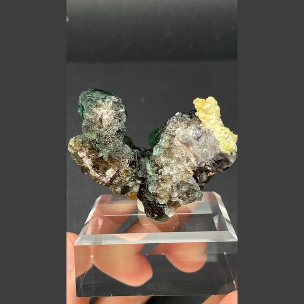 Vivid glass-green fluorite with mica from Namibia — detail view