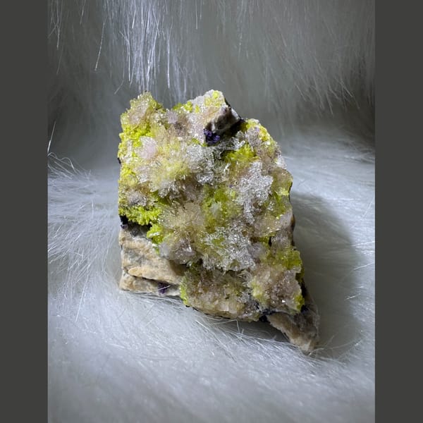 Yellow-Green and Purple Creedite with Carlhintzeite 5.5 cm — detail view