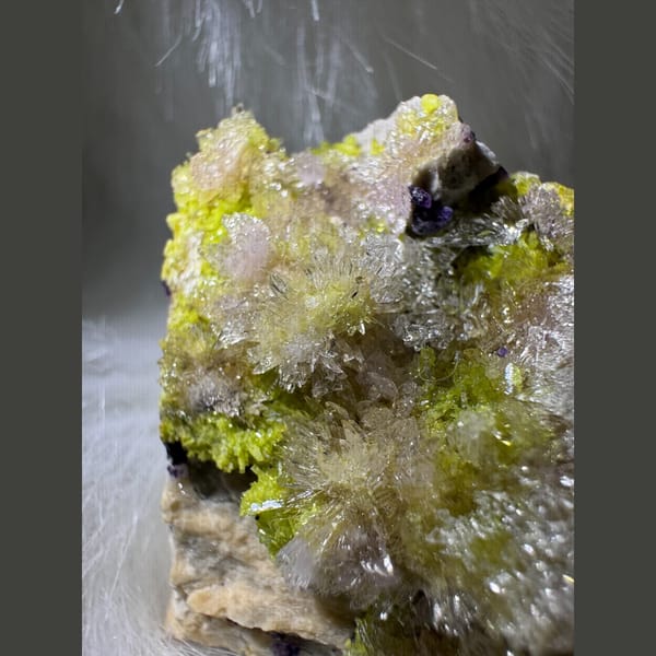 Yellow-Green and Purple Creedite with Carlhintzeite 5.5 cm — detail view