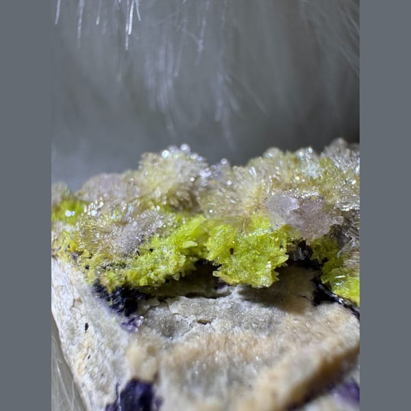 Yellow-Green and Purple Creedite with Carlhintzeite 5.5 cm — detail view