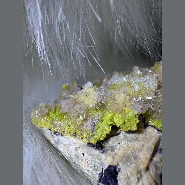 Yellow-Green and Purple Creedite with Carlhintzeite 5.5 cm — detail view