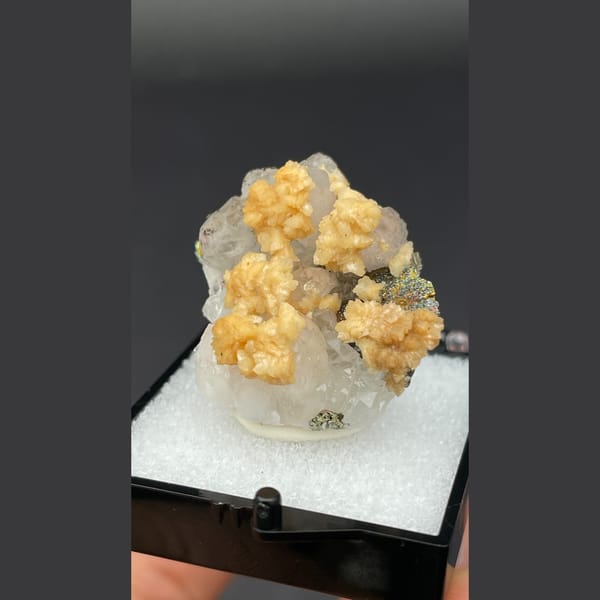 Creamy dolomite balls on quartz with chalcopyrite and pyrite from Jiangxi — alternate view