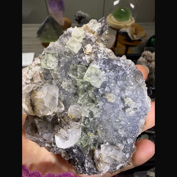 Calcite with glassy fluorite and sugary quartz — complete view