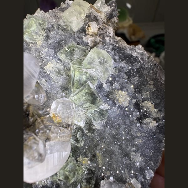 Calcite with glassy fluorite and sugary quartz — alternate view