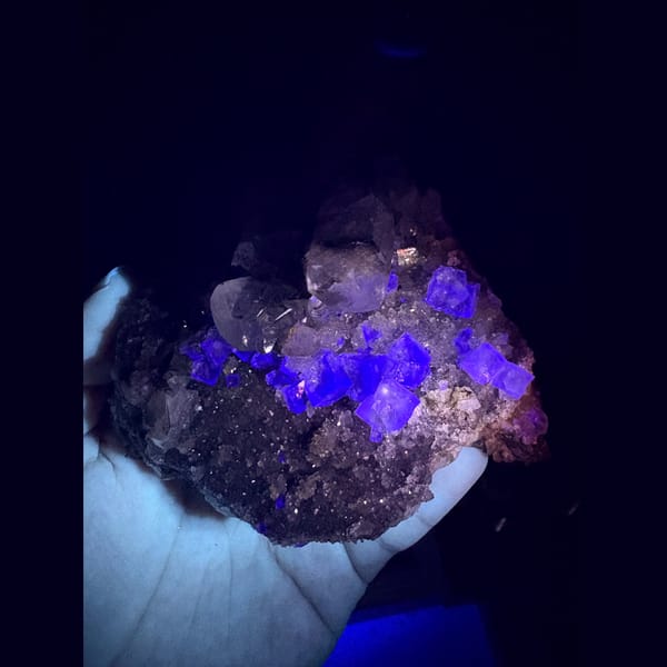 Calcite with glassy fluorite and sugary quartz — detail view
