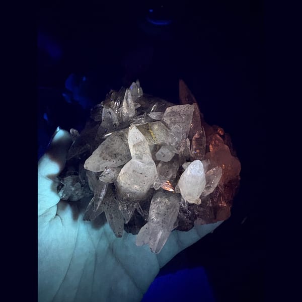 Calcite with glassy fluorite and sugary quartz — detail view