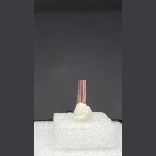 Tiny pale pink väyrynenite crystal on a display stand from Pakistan — detail view
