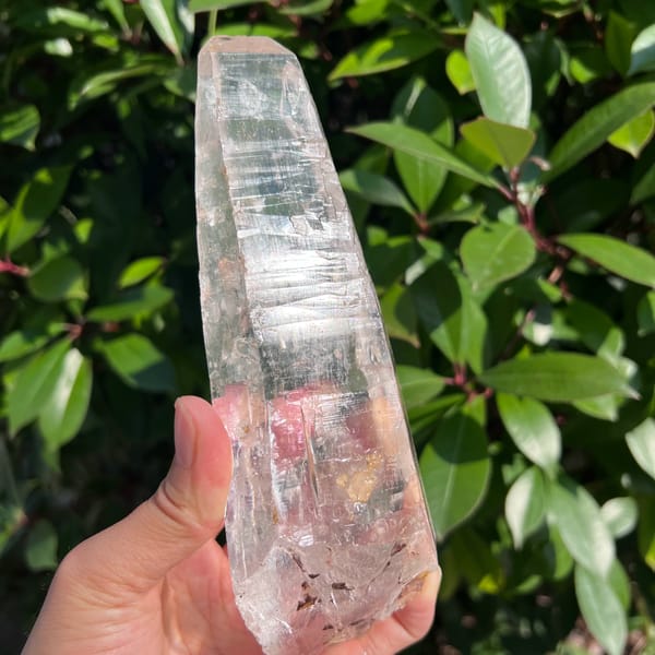 Tall near-clean clear Himalayan quartz crystal — detail view