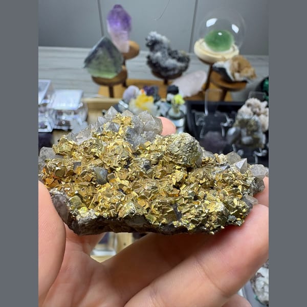 Golden lustrous pyrite with quartz — alternate view