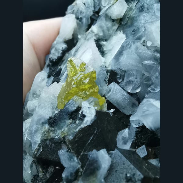 Black garnet with gemmy yellow sphalerite and quartz — alternate view