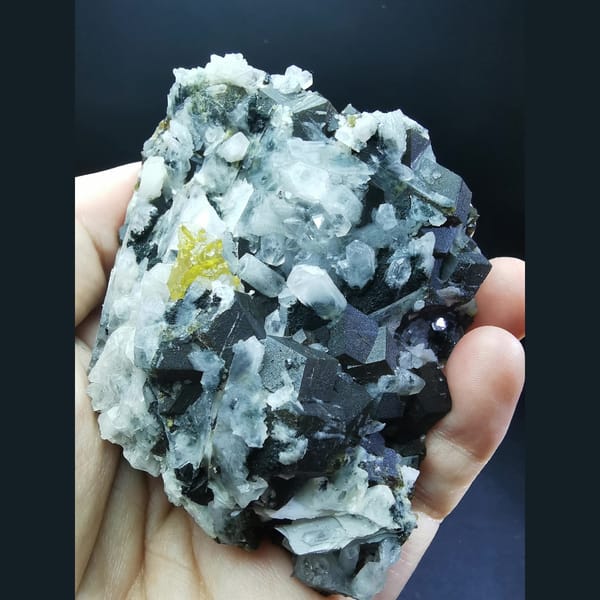 Black garnet with gemmy yellow sphalerite and quartz — detail view
