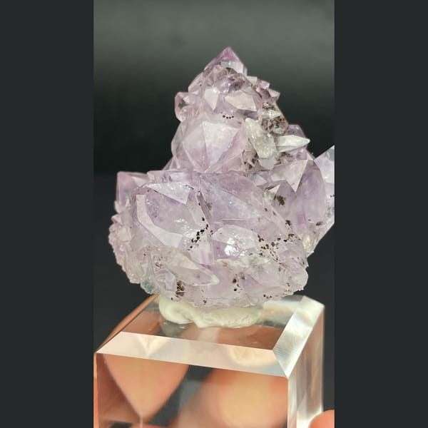 Pale lilac amethyst crystal cluster with calcite from Brazil — alternate view