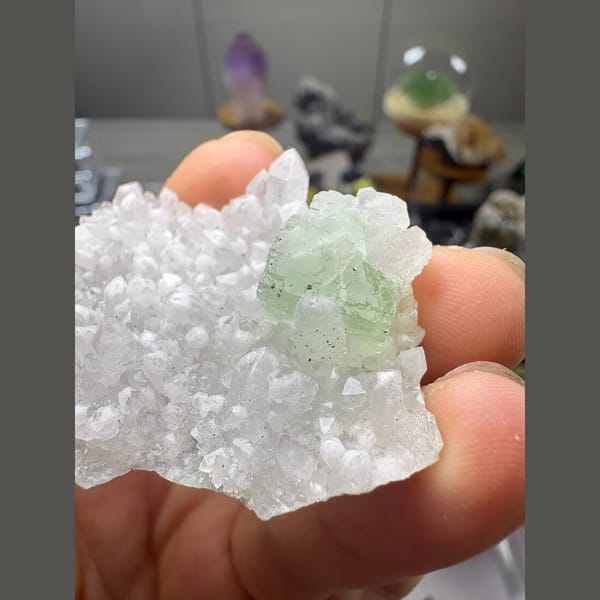 White druzy quartz cluster with mint green fluorite — complete view