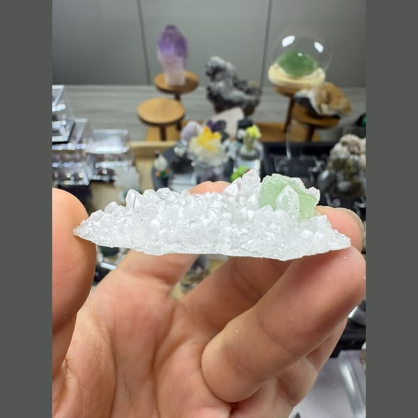 White druzy quartz cluster with mint green fluorite — alternate view