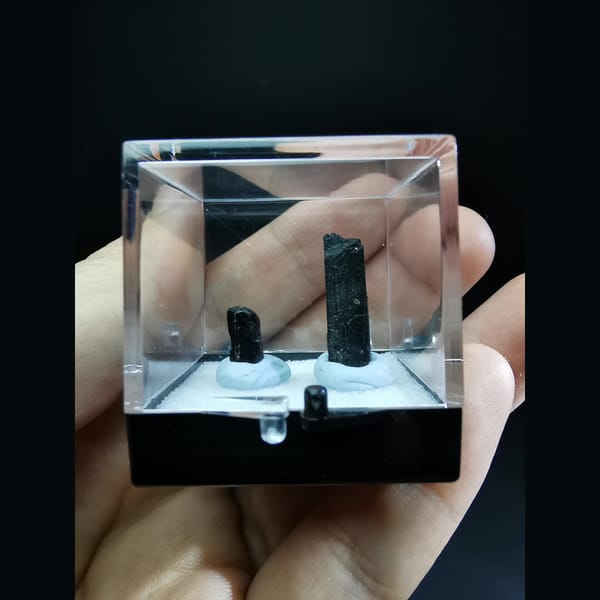 Two small ilvaite crystals, one bright and one matte — alternate view