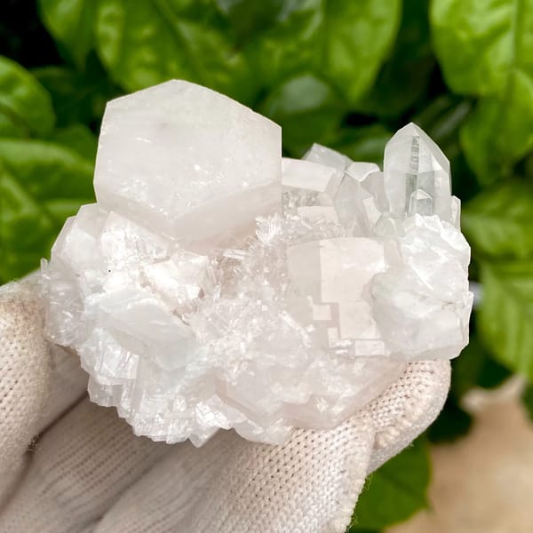 Pale pink hexagonal biscuit calcite with clear quartz — alternate view
