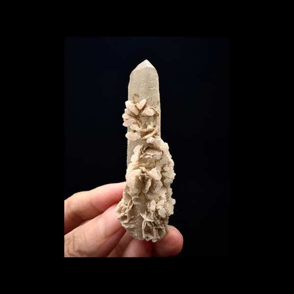 Quartz with petal-like calcite from Inner Mongolia, complete front view with layered calcite growths