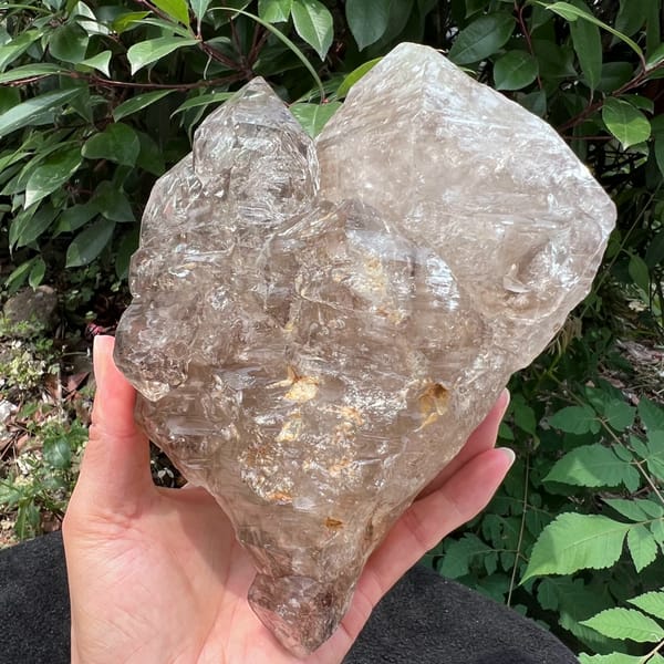 Skeletal elestial smoky quartz with rainbows from Pakistan — detail view