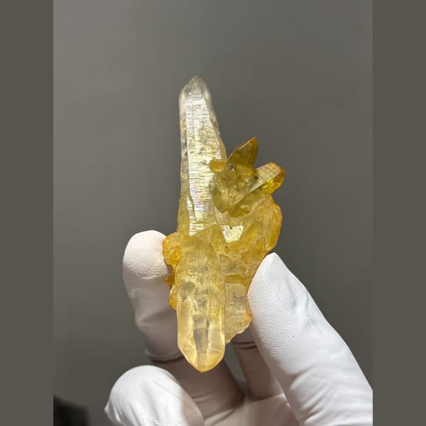 Long quartz point with golden yellow coated crystals from Pakistan — alternate view