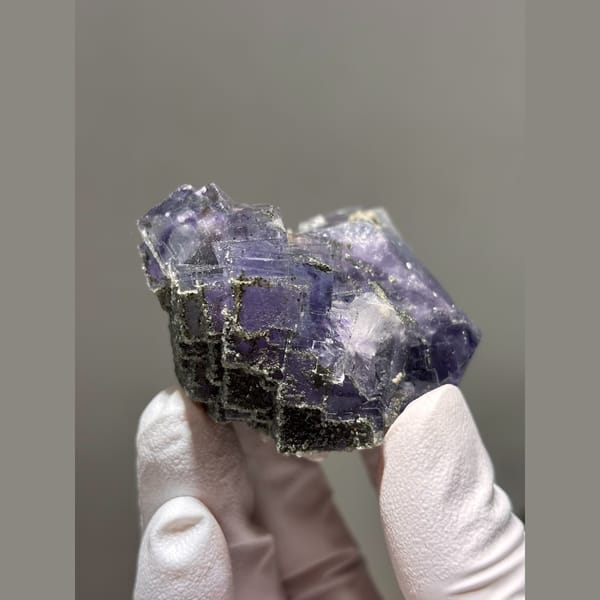 Purple fluorite cube with grey stepped growth from Yaogangxian — alternate view
