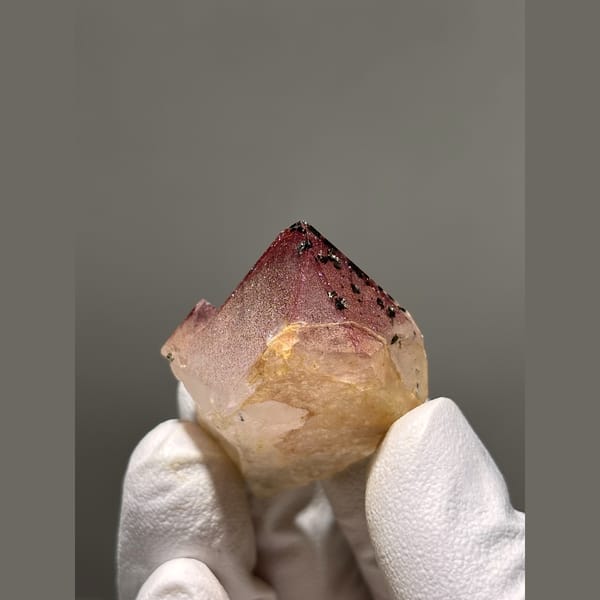 Garden quartz point with pink-red phantom tip from Sichuan — alternate view