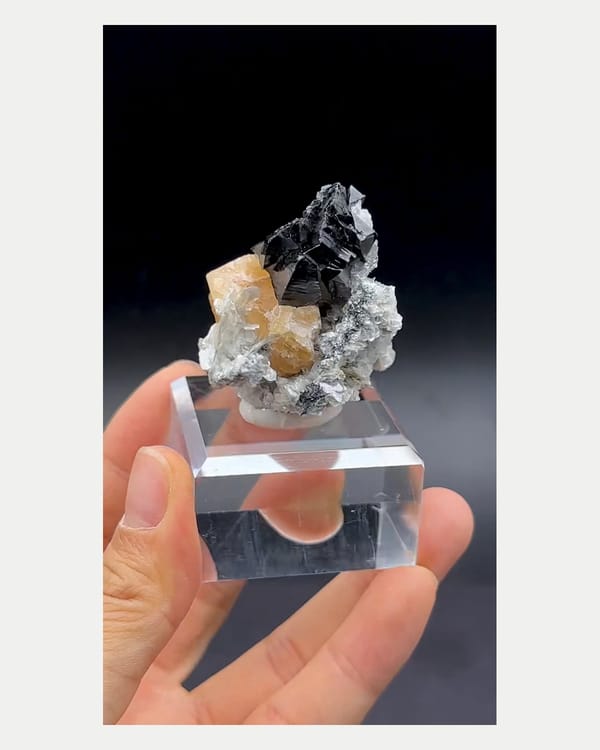 Complete front view of scheelite with cassiterite and mica