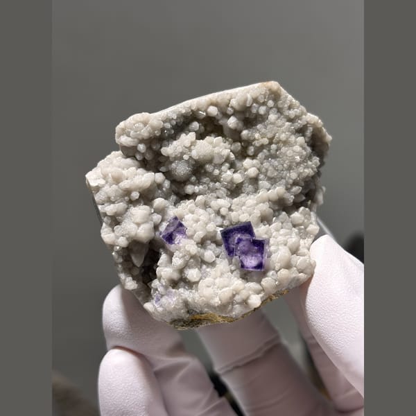 Deep purple fluorite cubes on white quartz druse from Inner Mongolia — complete view