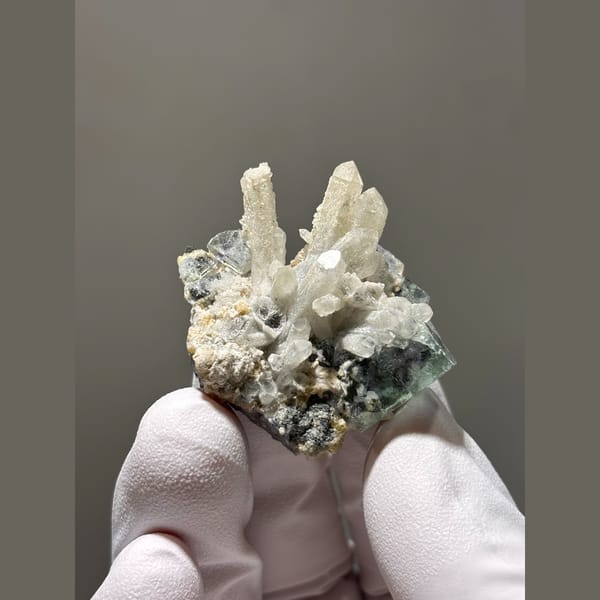 White quartz points with blue-green fluorite from Inner Mongolia — alternate view